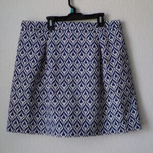 J Crew Blue Pleated Mini Skirt Sz 12 Ikat Jacquard Fully Lined Pockets Preppy